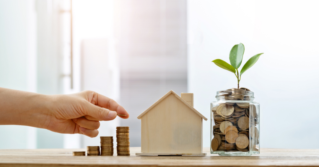 House with coins piled up and a green leaf